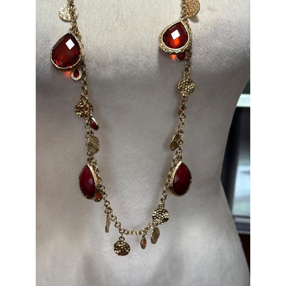 Vintage Gold Chain Necklace Red Gemstone Teardrop Pendants & Textured Discs Boho
